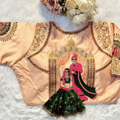 Orange Wedding Wear Blouse in Raspberry Silk with Exquisite Embroidery and Sequins