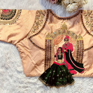 Orange Wedding Wear Blouse in Raspberry Silk with Exquisite Embroidery and Sequins