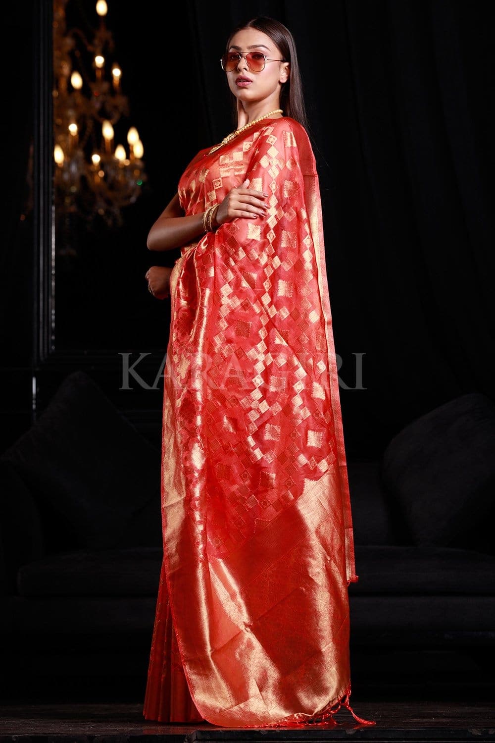 Bittersweet Peach Organza Silk Saree