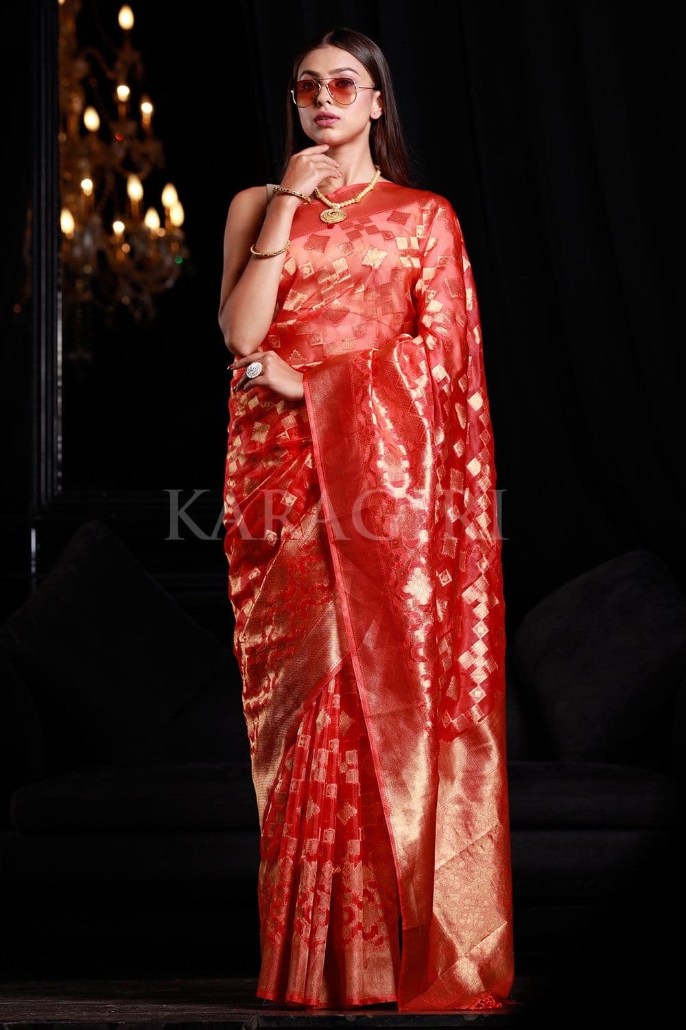 Bittersweet Peach Organza Silk Saree