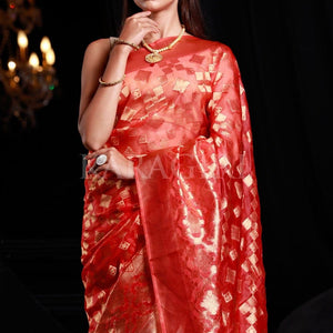 Bittersweet Peach Organza Silk Saree