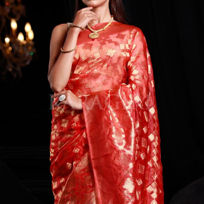 Bittersweet Peach Organza Silk Saree
