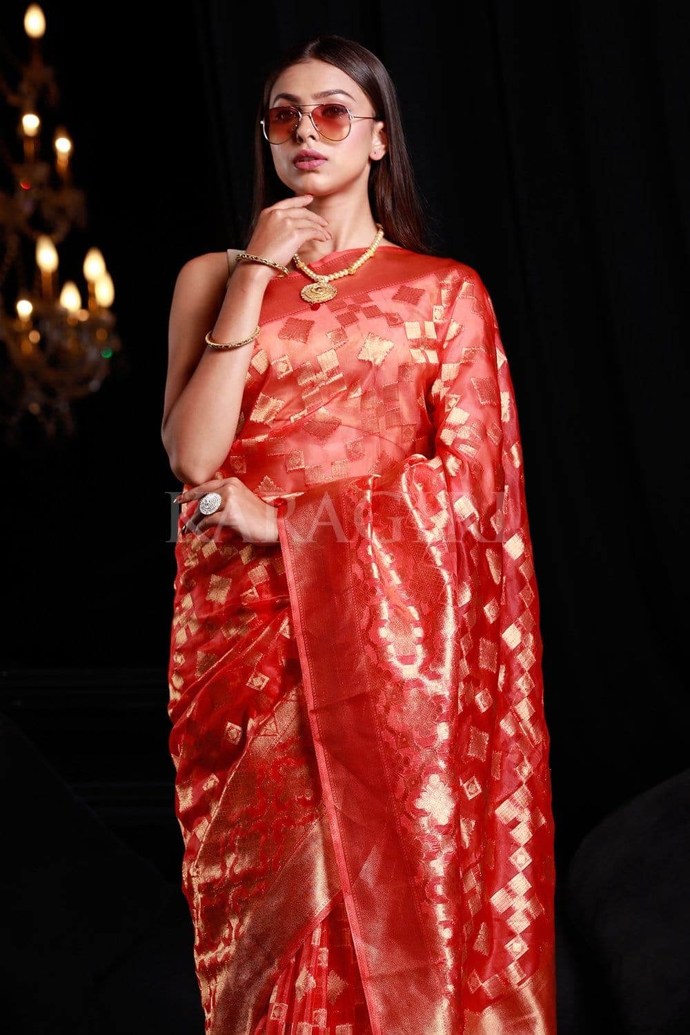 Bittersweet Peach Organza Silk Saree