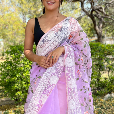 Bright Lilac Purple Organza Saree