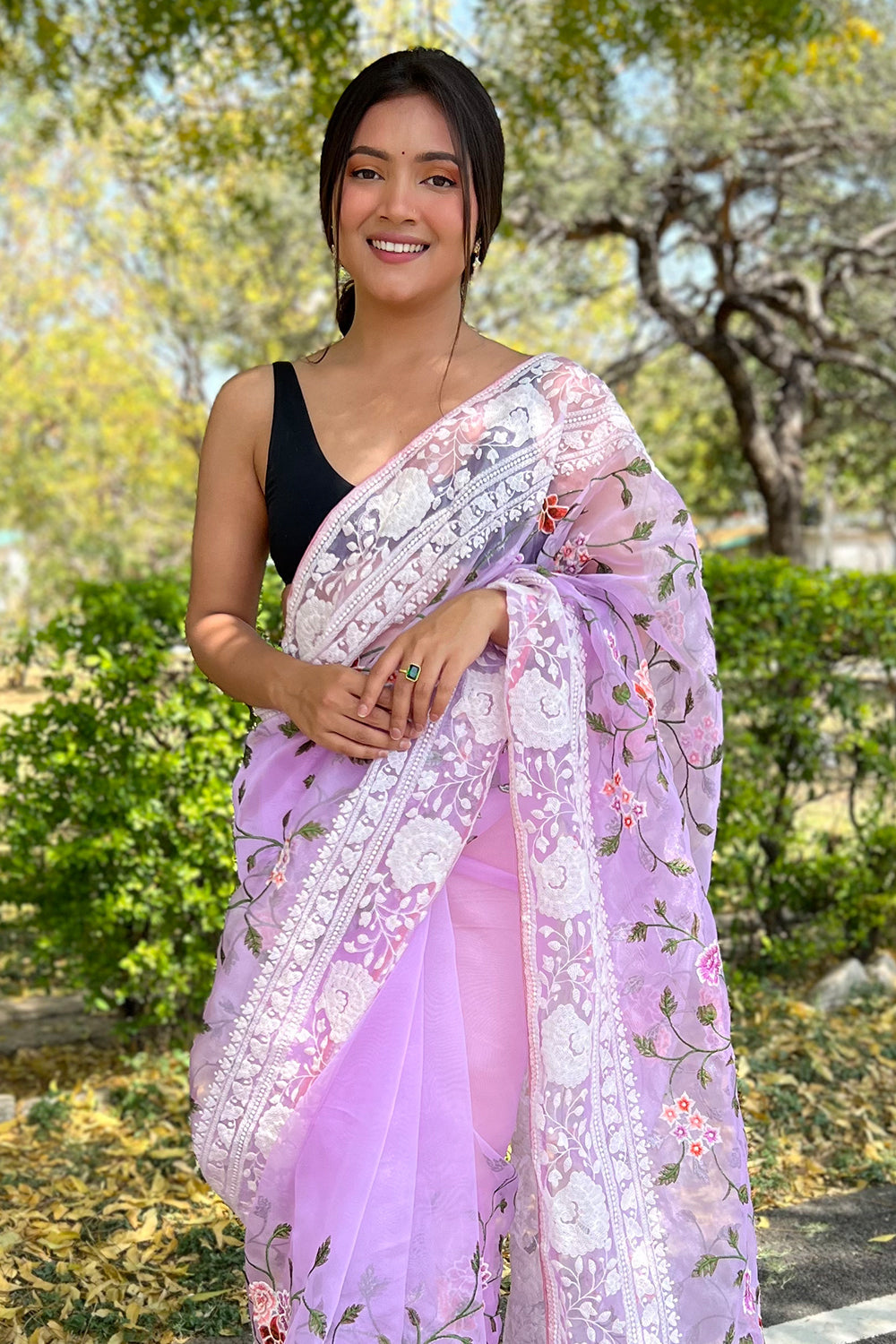 Bright Lilac Purple Organza Saree