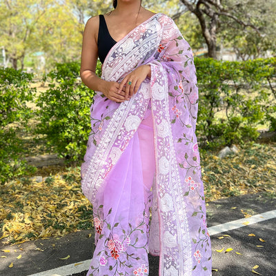Bright Lilac Purple Organza Saree