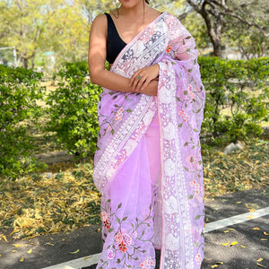 Bright Lilac Purple Organza Saree
