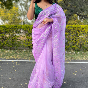 Bright Lilac Purple Organza Saree