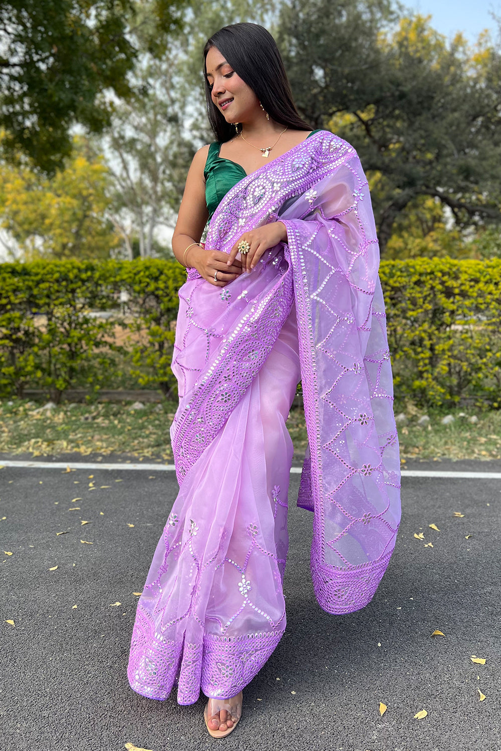Bright Lilac Purple Organza Saree