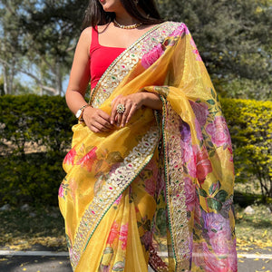 Canary Yellow Organza Saree
