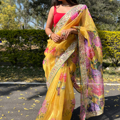 Canary Yellow Organza Saree