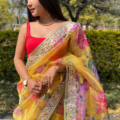 Canary Yellow Organza Saree