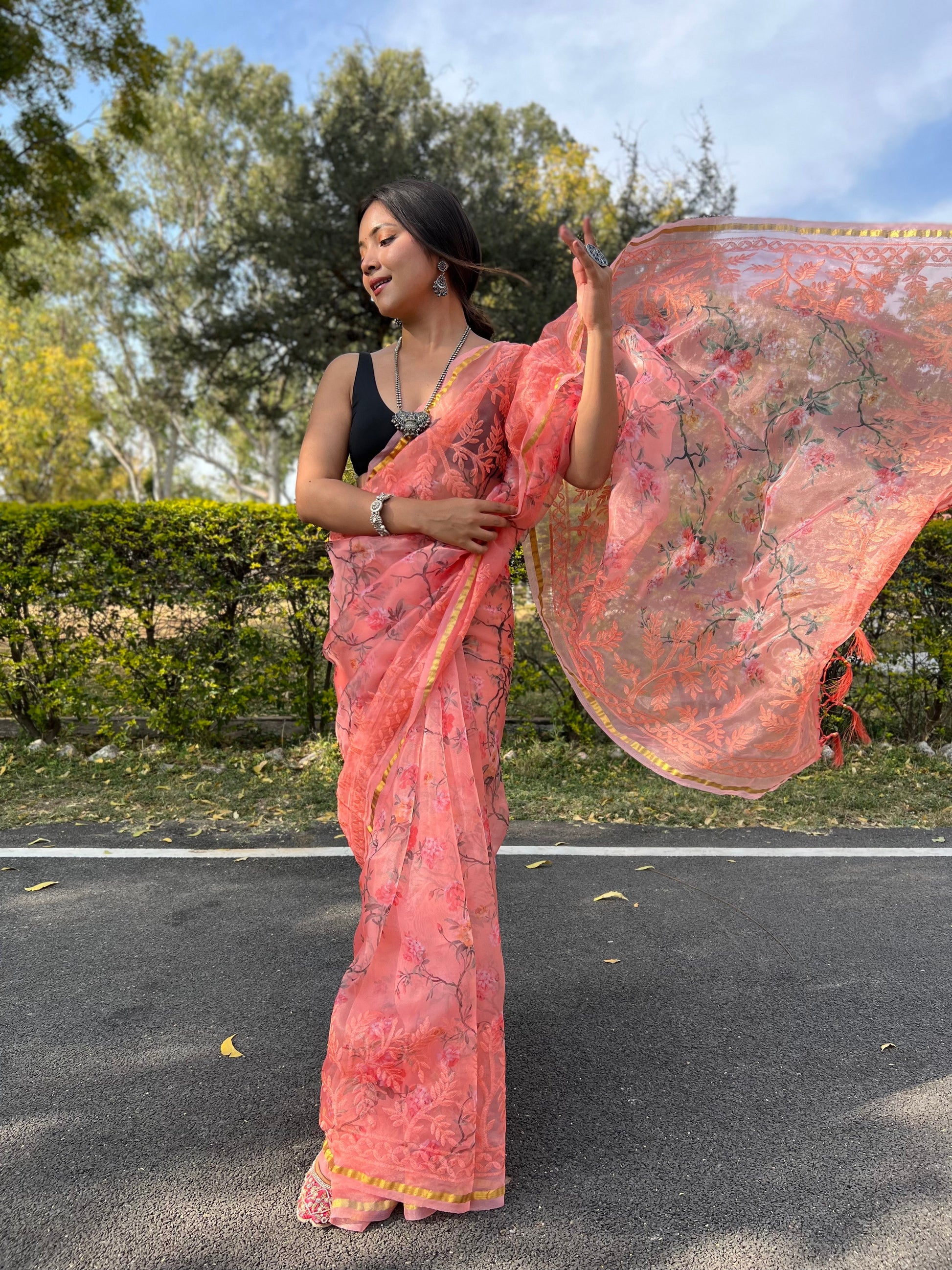 Coral Peach Organza Saree