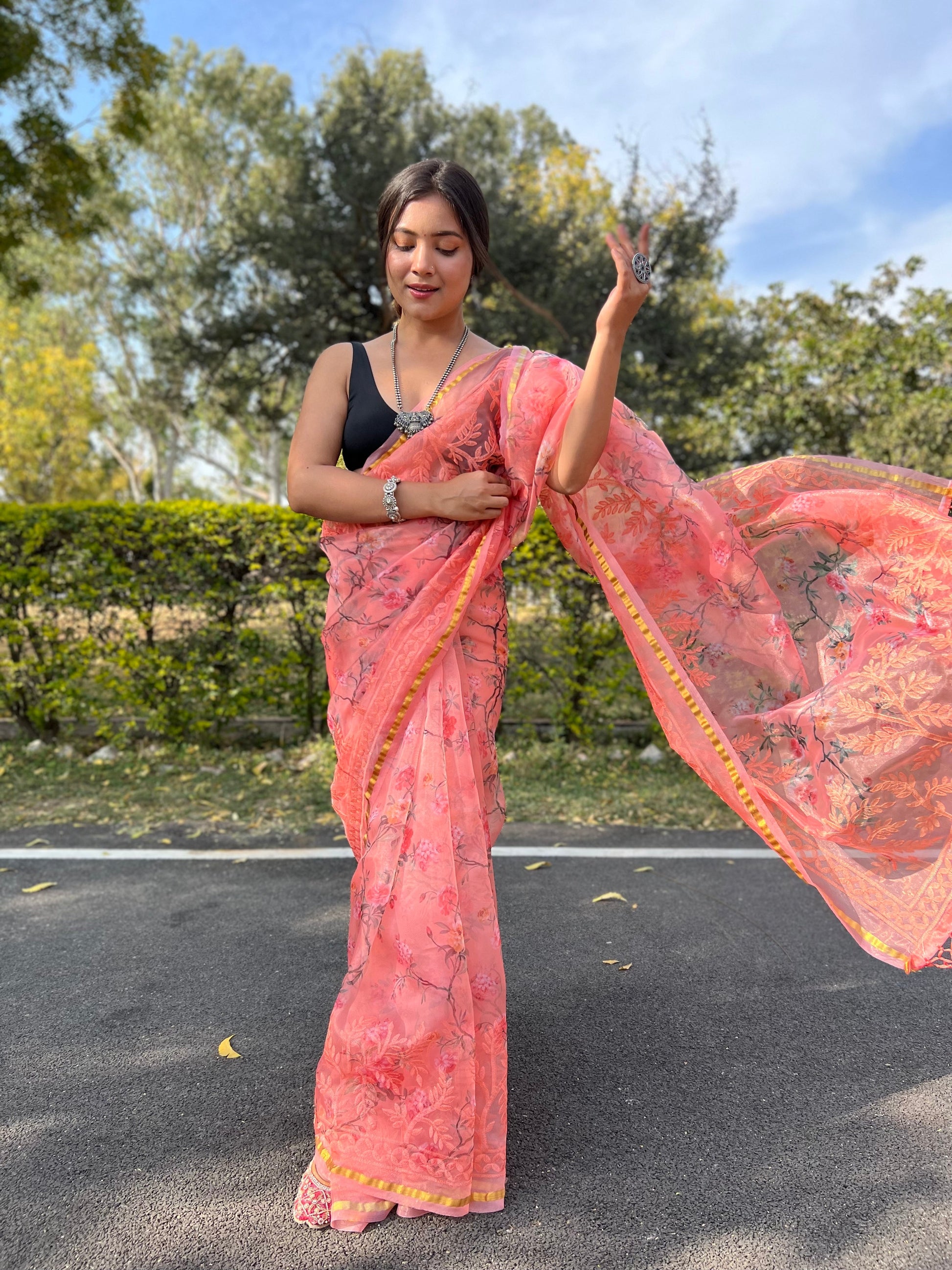Coral Peach Organza Saree