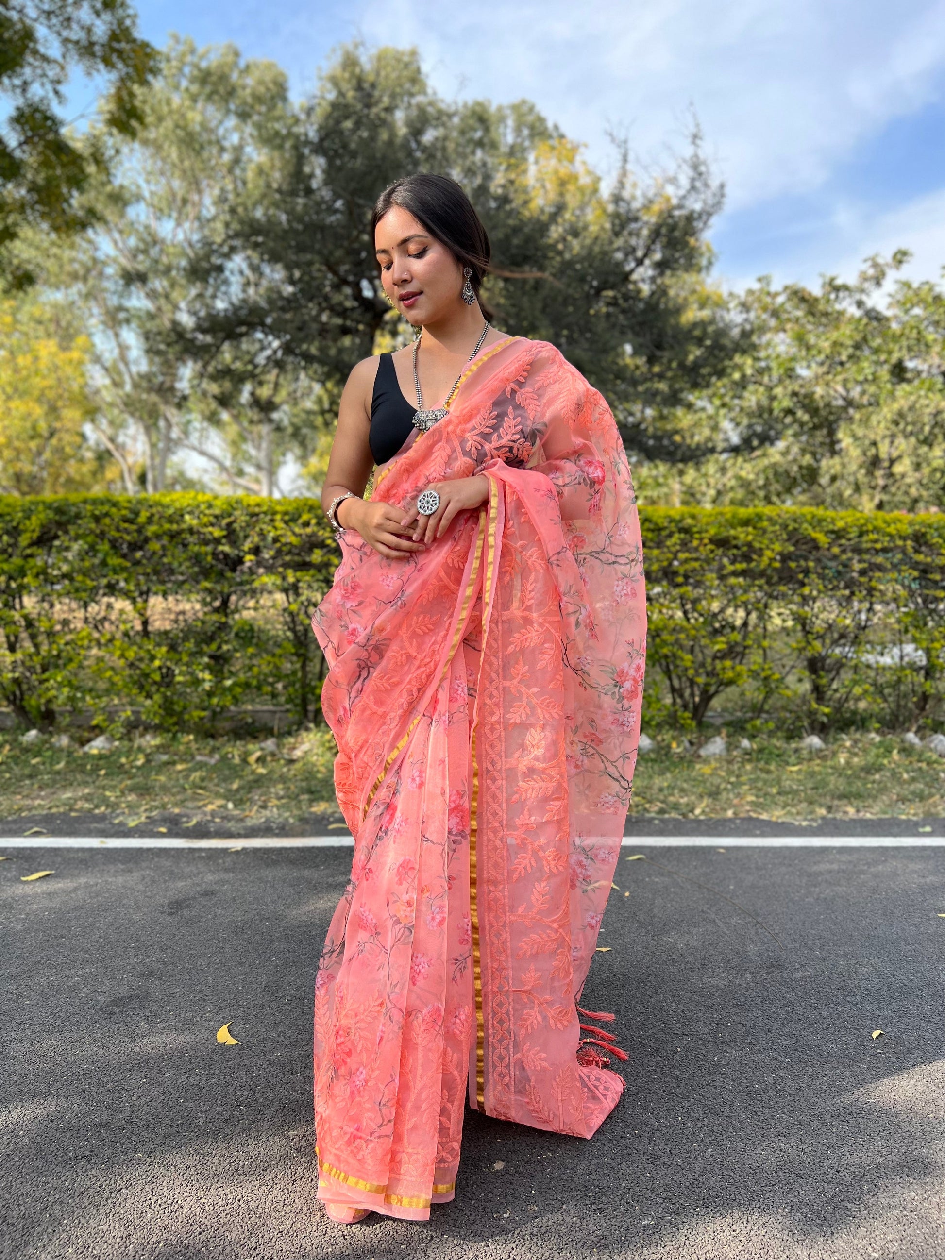 Coral Peach Organza Saree