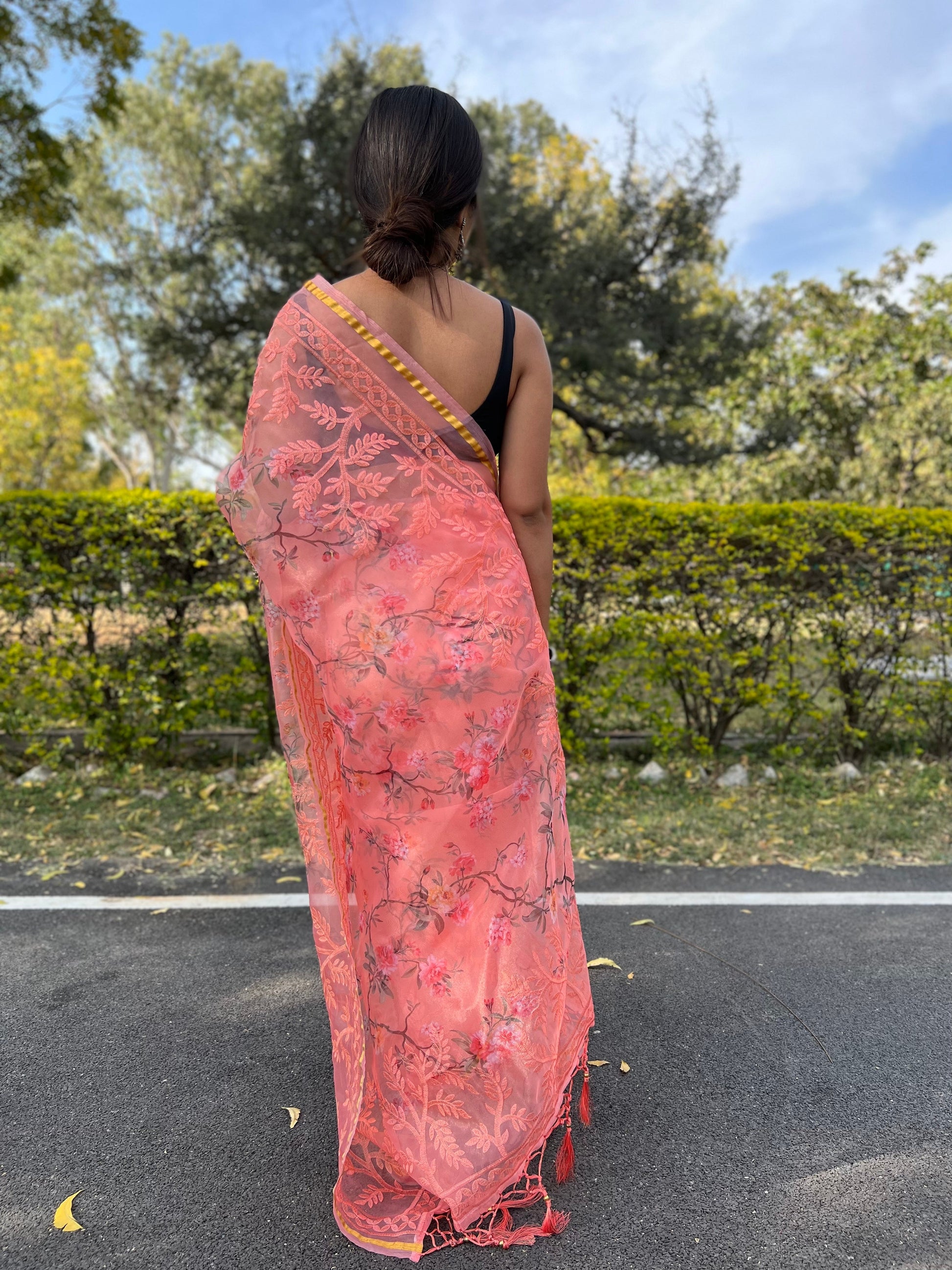 Coral Peach Organza Saree