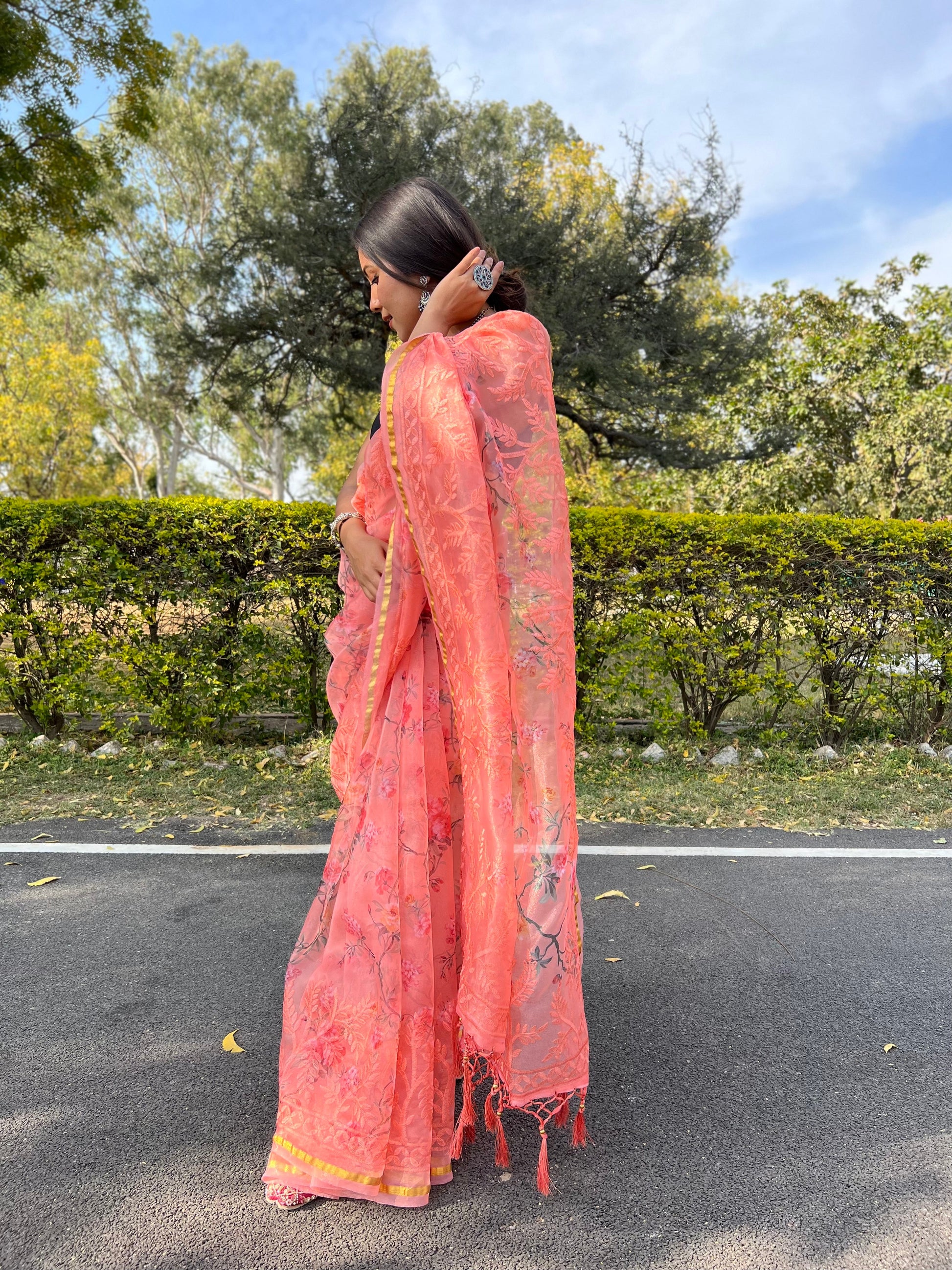Coral Peach Organza Saree