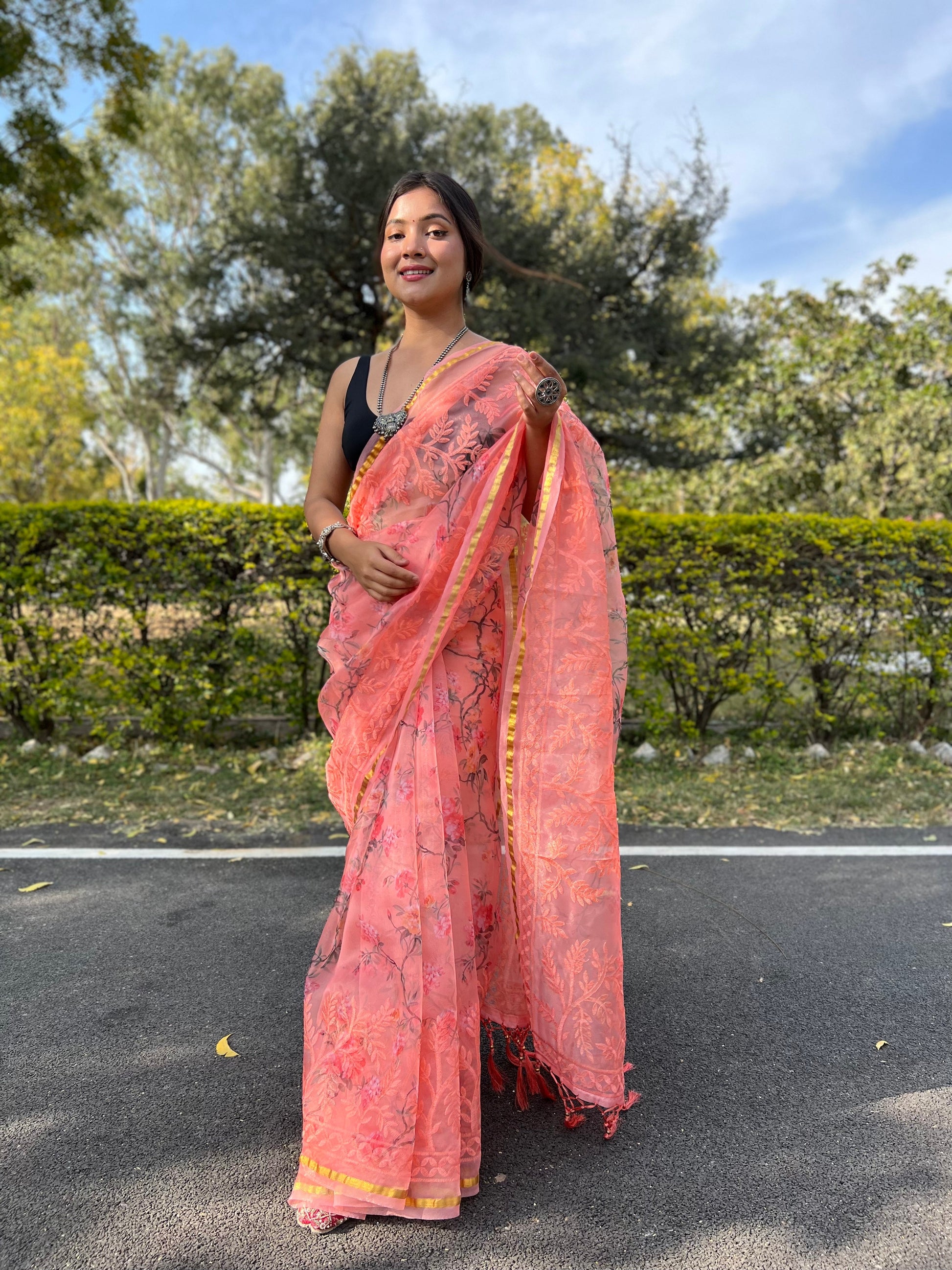 Coral Peach Organza Saree