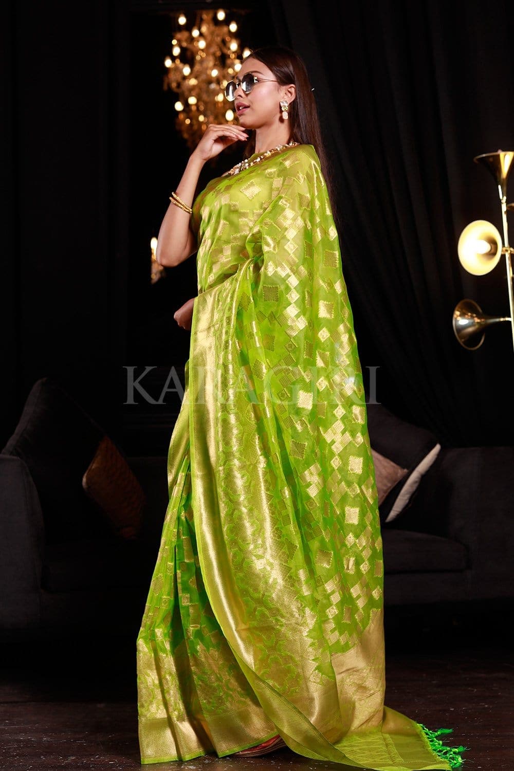 Grape Green Organza Silk Saree