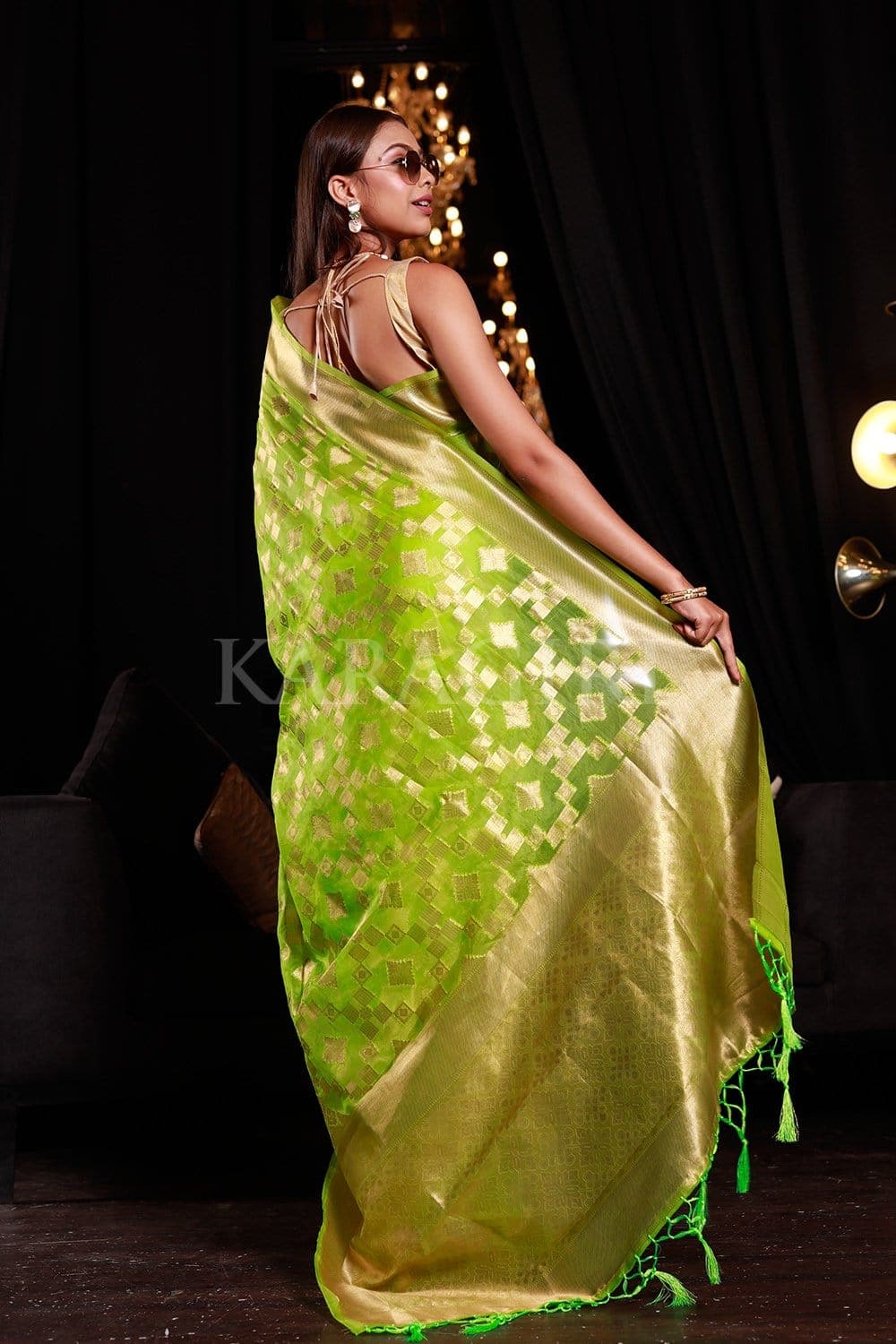 Grape Green Organza Silk Saree