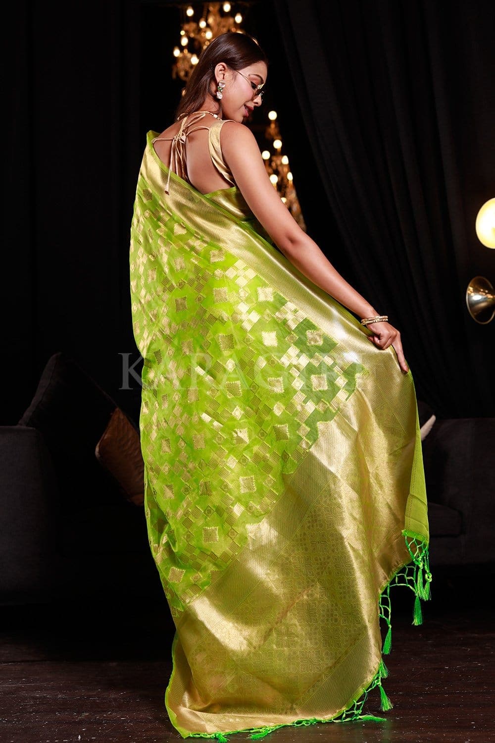 Grape Green Organza Silk Saree