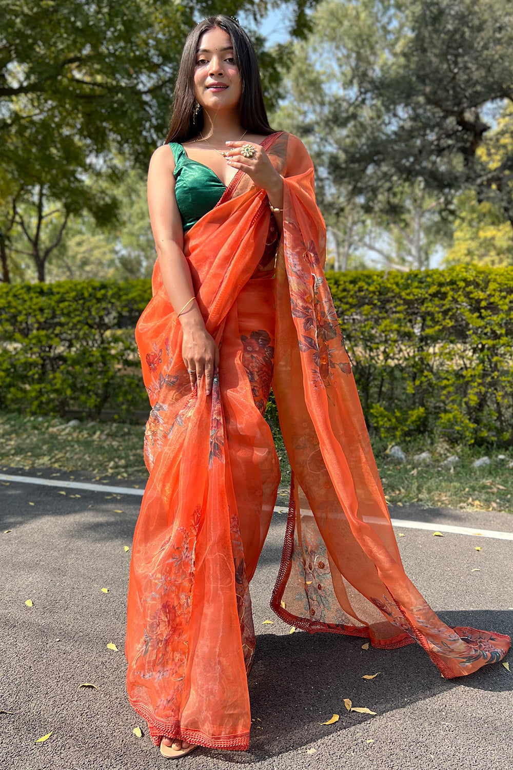International Orange Organza Saree