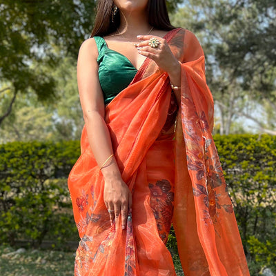 International Orange Organza Saree