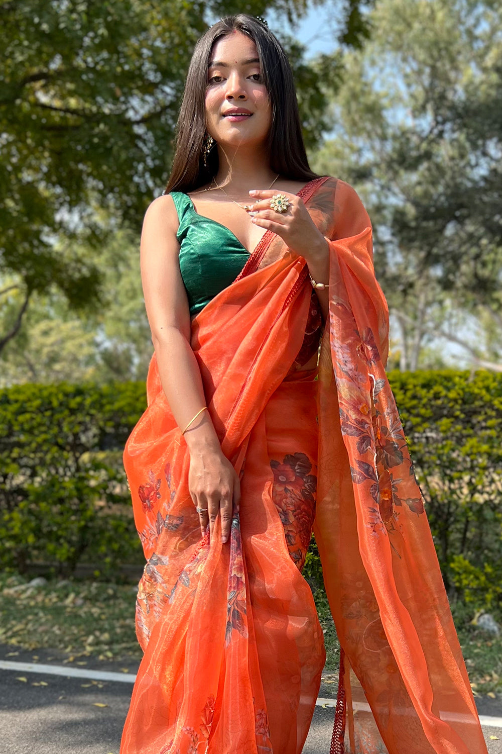 International Orange Organza Saree