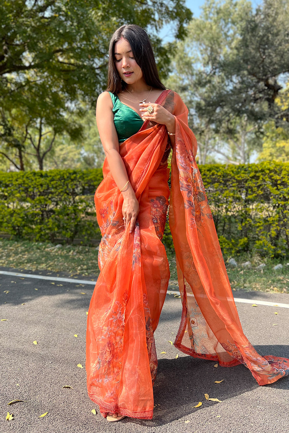 International Orange Organza Saree