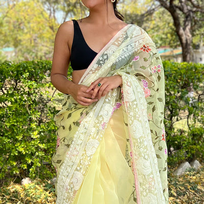Lemon Yellow Organza Saree