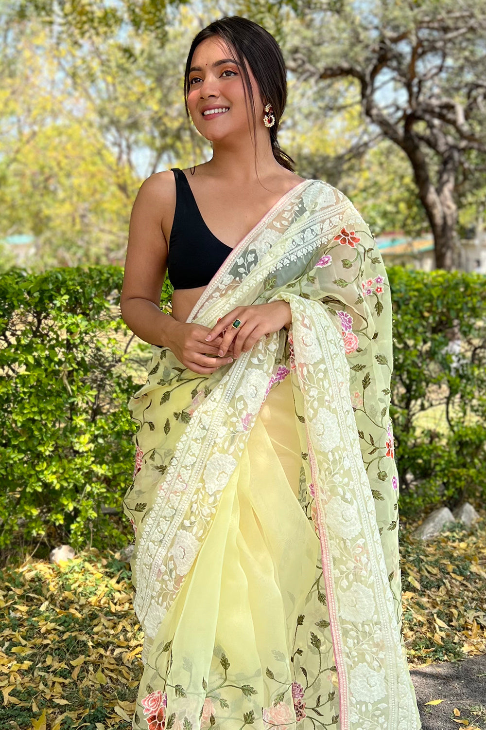 Lemon Yellow Organza Saree
