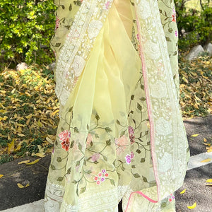 Lemon Yellow Organza Saree