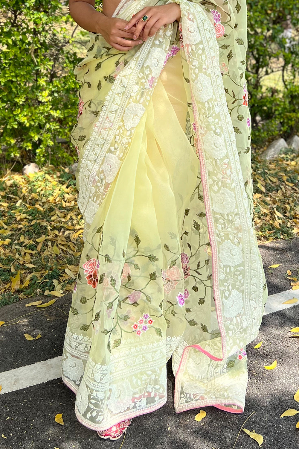 Lemon Yellow Organza Saree