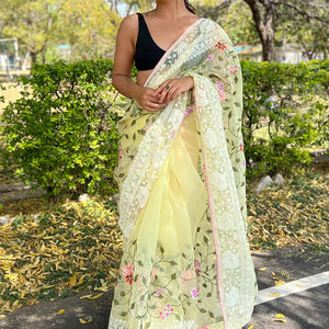 Lemon Yellow Organza Saree