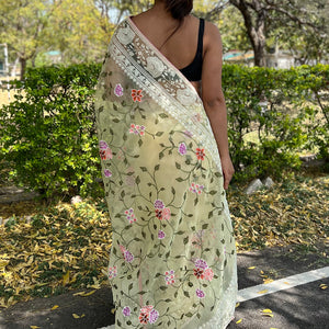 Lemon Yellow Organza Saree