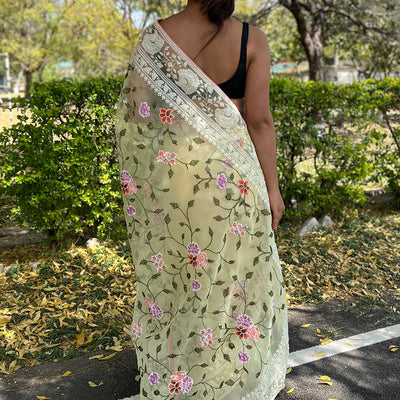 Lemon Yellow Organza Saree