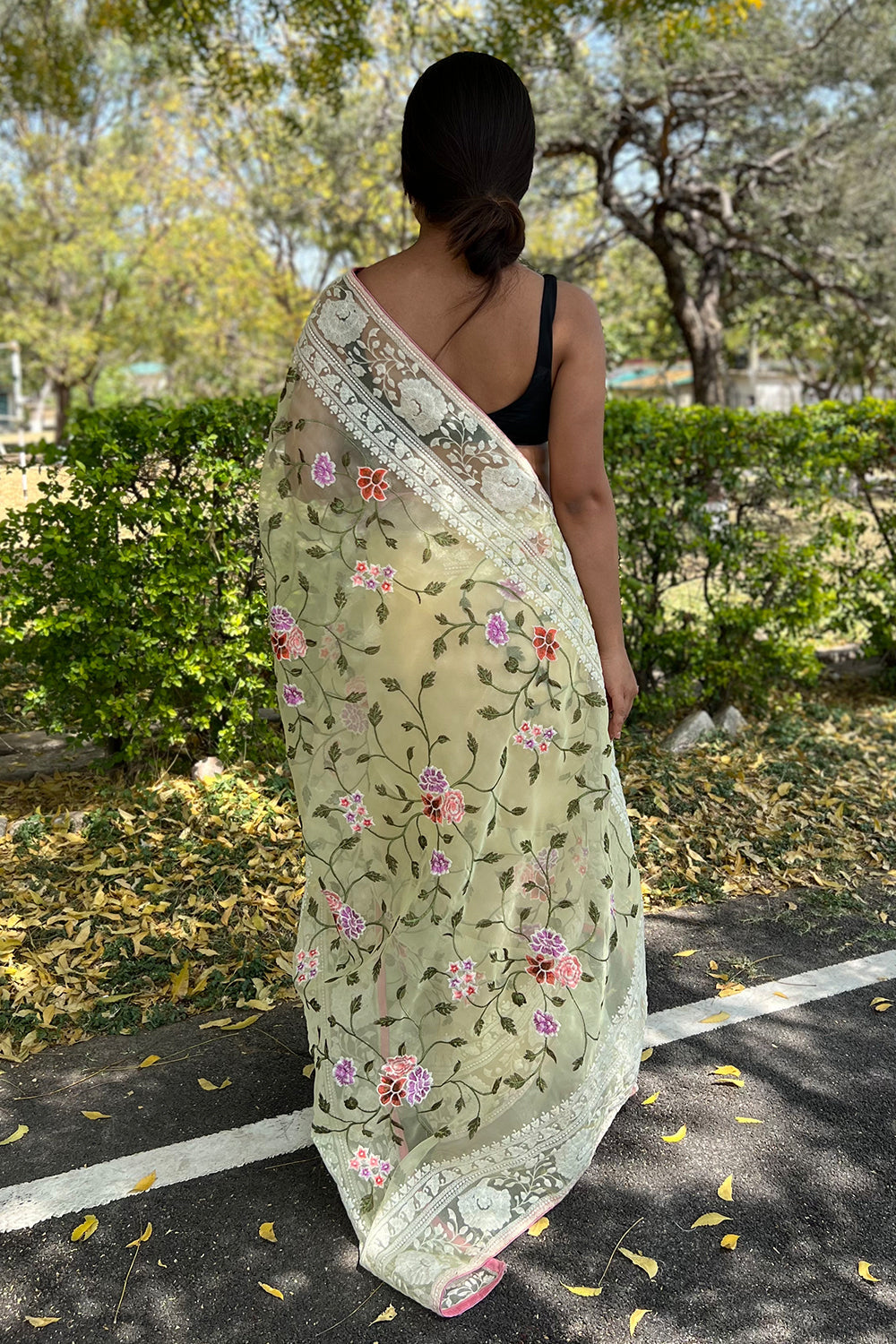 Lemon Yellow Organza Saree