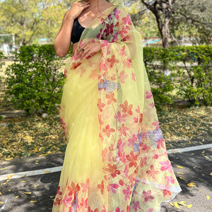 Lemon Yellow Organza Saree