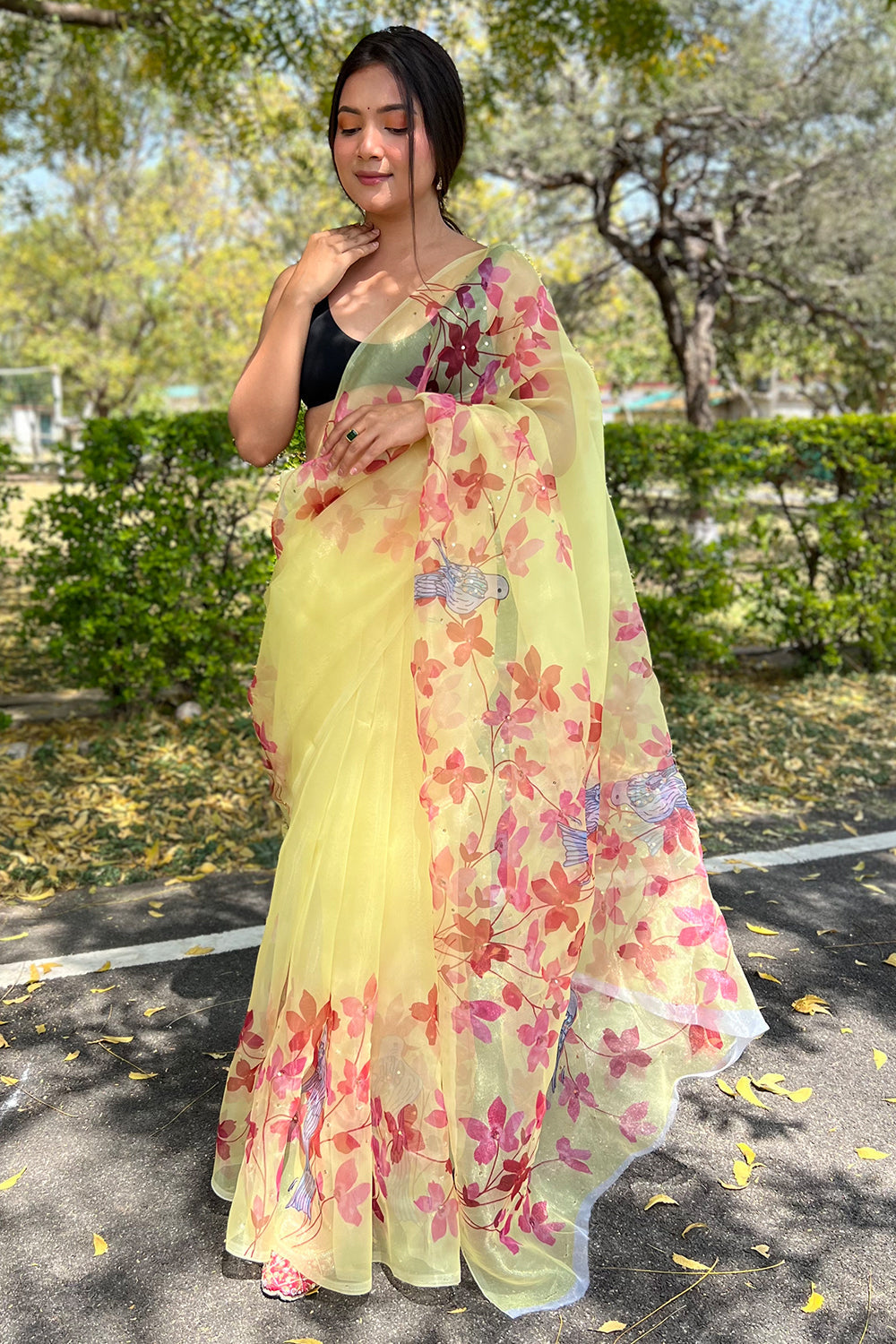 Lemon Yellow Organza Saree