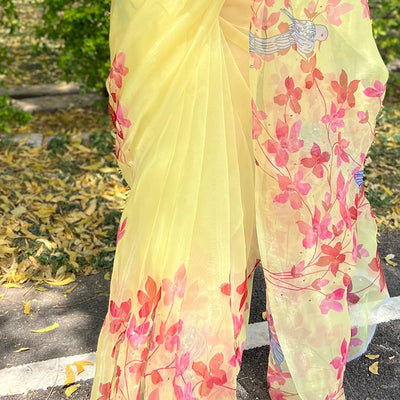 Lemon Yellow Organza Saree