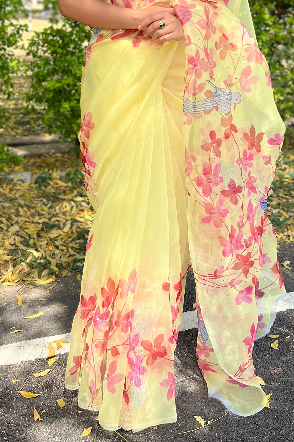 Lemon Yellow Organza Saree