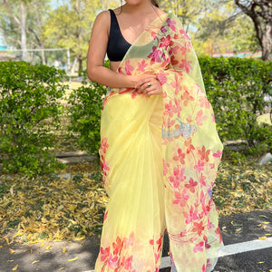 Lemon Yellow Organza Saree