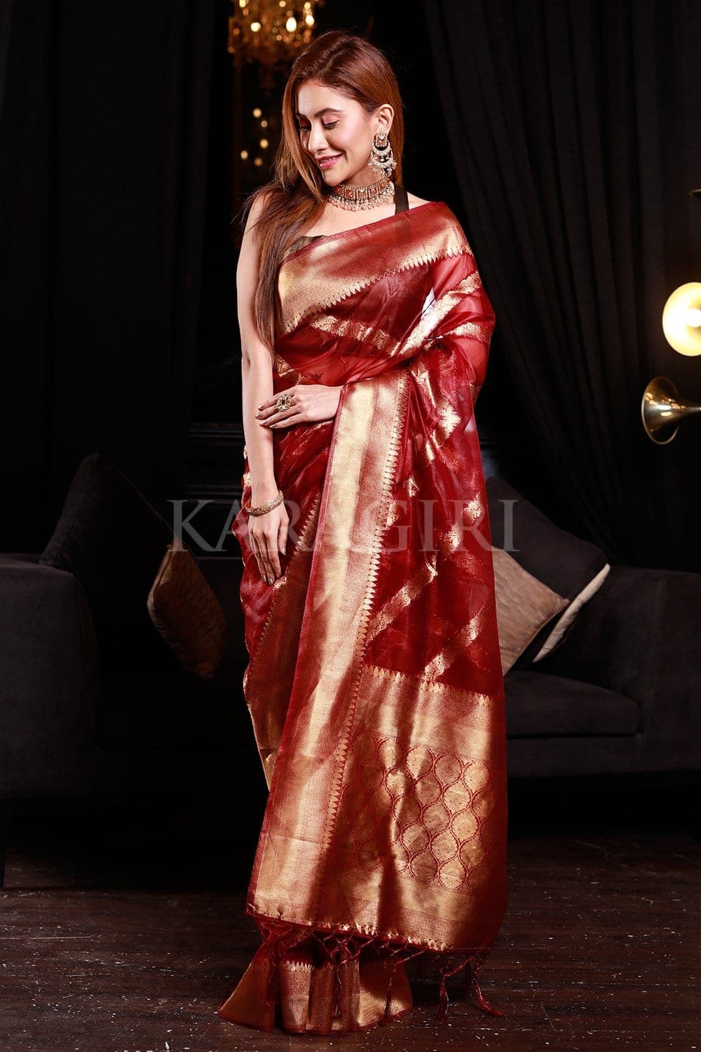 Lichi Maroon Organza Silk Saree