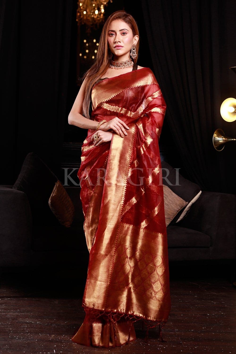 Lichi Maroon Organza Silk Saree