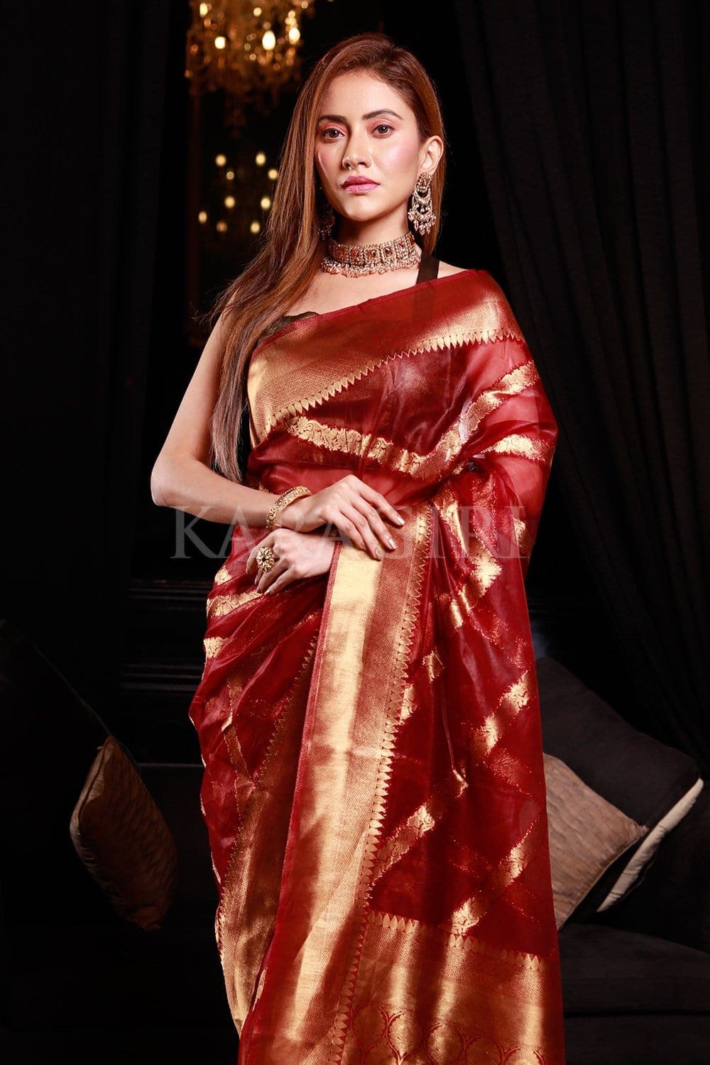 Lichi Maroon Organza Silk Saree
