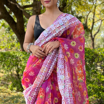 Magenta Pink Organza Saree