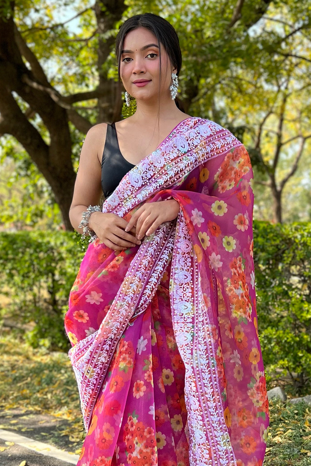 Magenta Pink Organza Saree