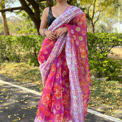 Magenta Pink Organza Saree