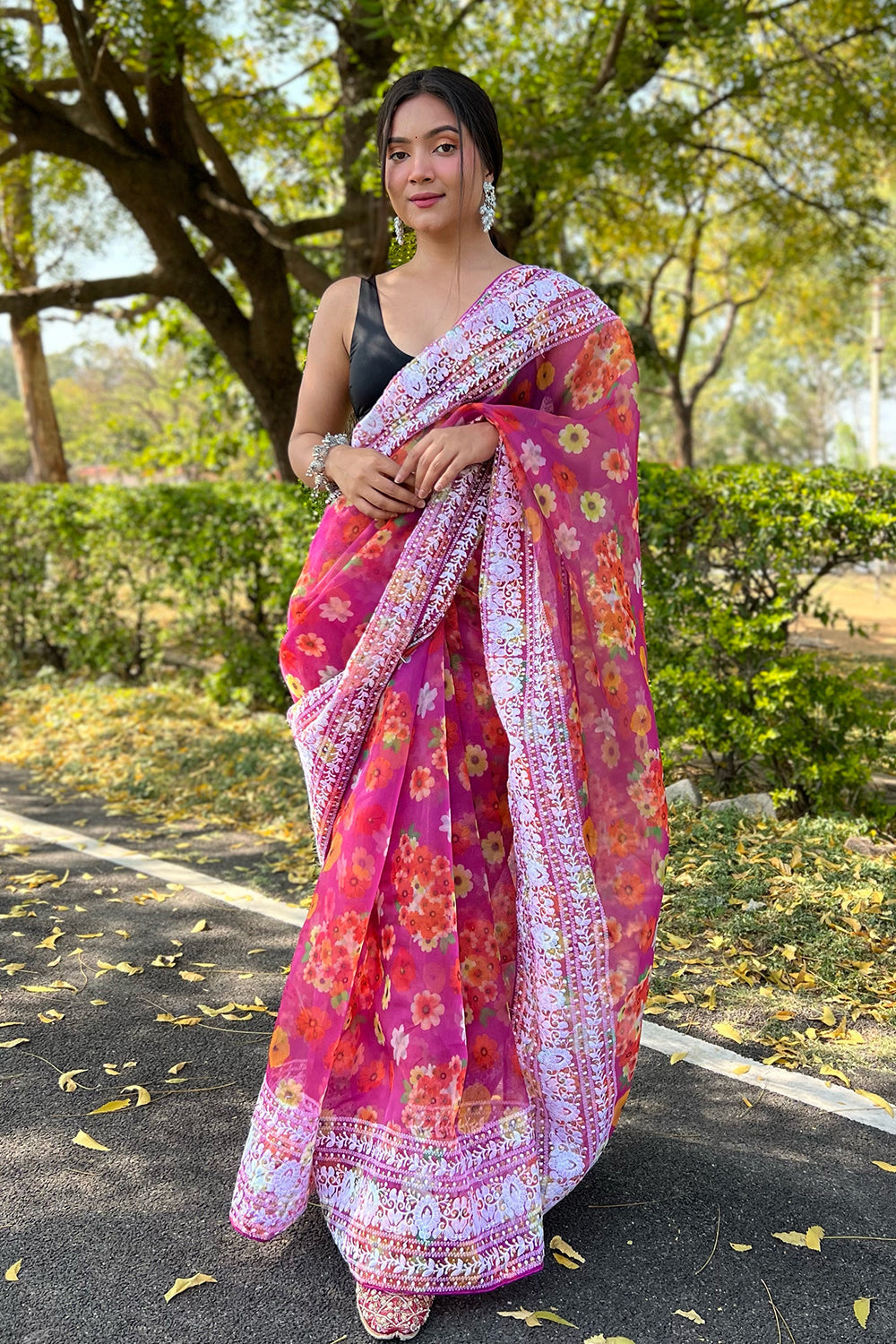 Magenta Pink Organza Saree