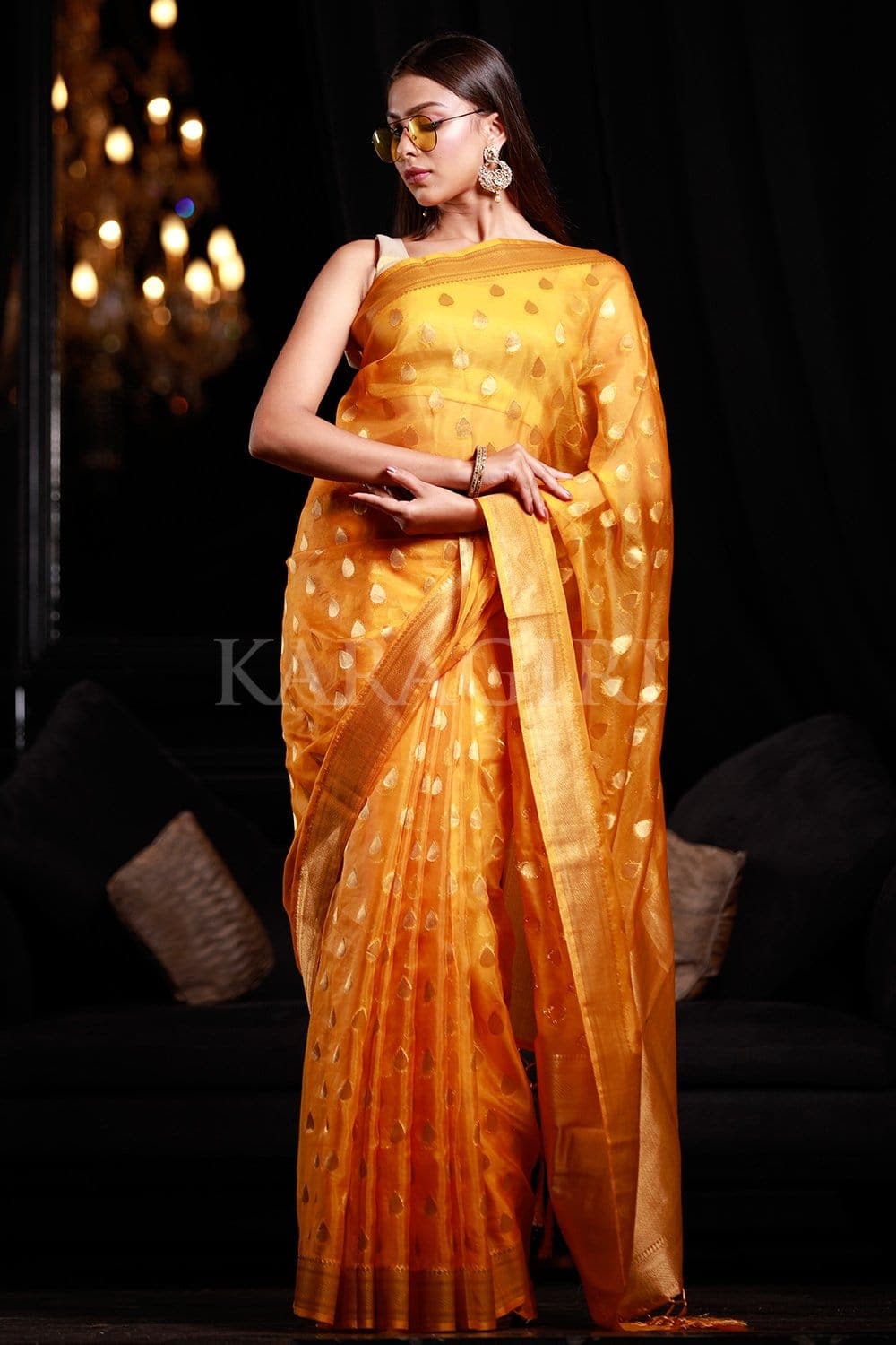 Mango Yellow Organza Silk Saree